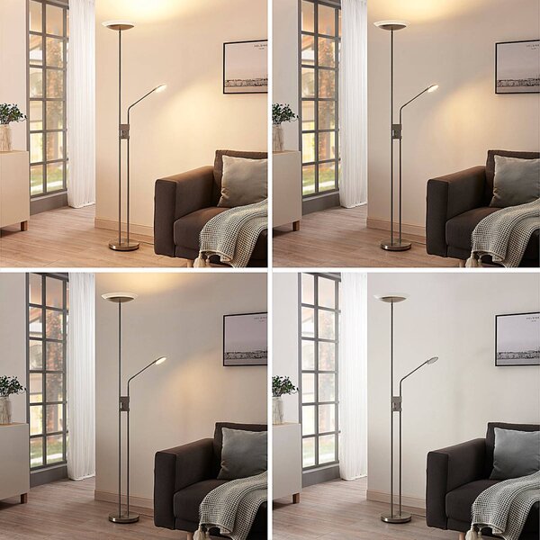 Lindby LED stojací lampa Jonne, kulatá, s ramenem na čtení, stmívatelné, 180 cm, stmívatelný, Hliník / šedá / zinek, Obývací pokoj / jídelna, kov, Moderní, Lampička na čtení