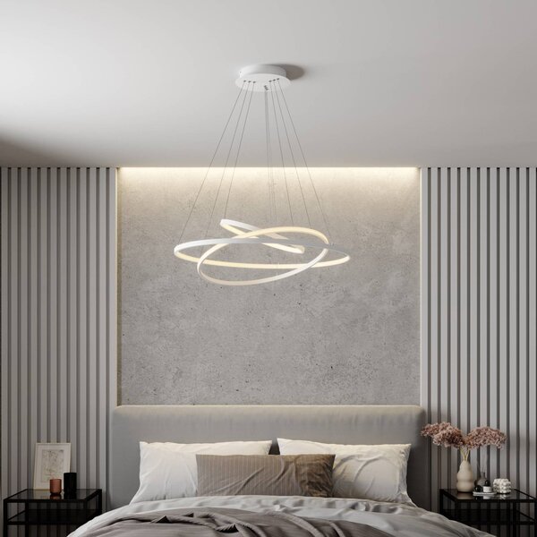 Lucande LED závěsné světlo Ezana, bílé, kov, Ø 80 cm, stmívatelný, Bílá / opál, Obývací pokoj / jídelna, kov, Moderní