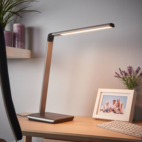 Lindby Stolní LED lampa Kuno, šedá, USB, dotykový stmívač, stmívatelný, Hliník / šedá / zinek, Pracovna / kancelář, Plast, Moderní