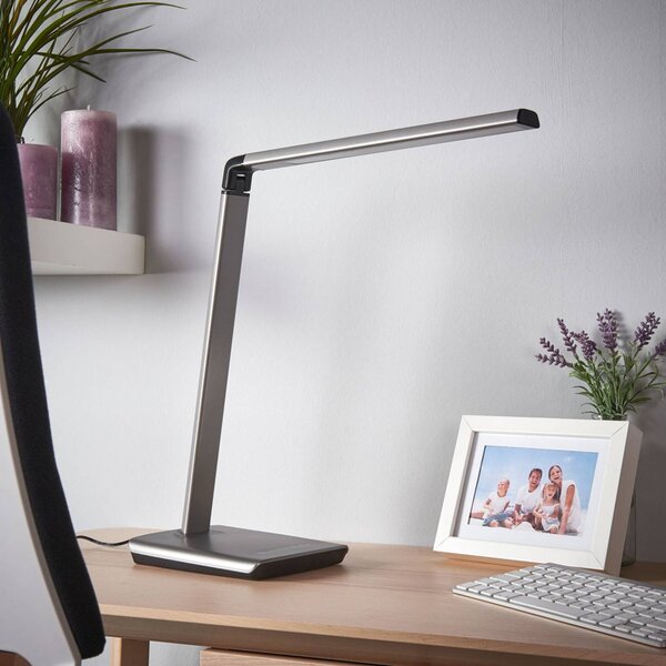 Lindby Stolní LED lampa Kuno, šedá, USB, dotykový stmívač, stmívatelný, Hliník / šedá / zinek, Pracovna / kancelář, Plast, Moderní