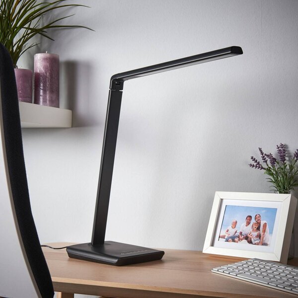 Lindby Stolní LED lampa Kuno, černá, USB, dotykový stmívač, stmívatelný, Černá, Pracovna / kancelář, Plast, Moderní