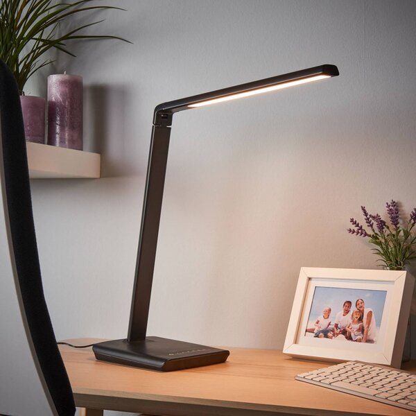 Lindby Stolní LED lampa Kuno, černá, USB, dotykový stmívač, stmívatelný, Černá, Pracovna / kancelář, Plast, Moderní