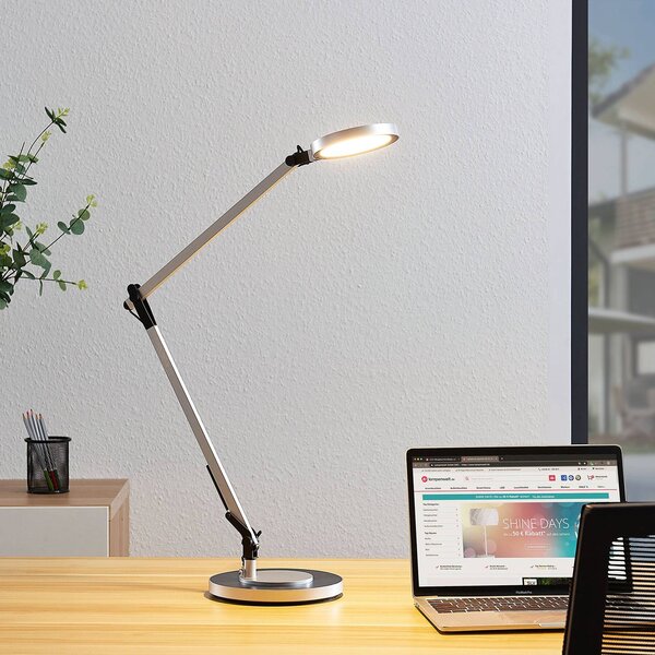 Lindby Rilana LED stolní lampa se stmívačem, stmívatelný, Hliník / šedá / zinek, Pracovna / kancelář, kov, Moderní