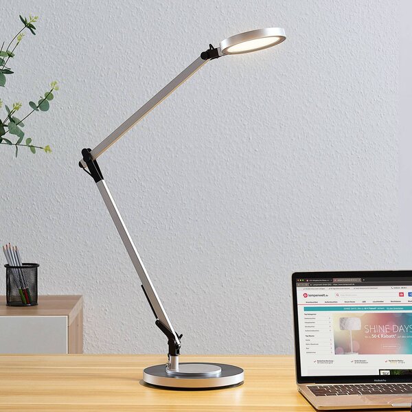 Lindby Rilana LED stolní lampa se stmívačem, stmívatelný, Hliník / šedá / zinek, Pracovna / kancelář, kov, Moderní