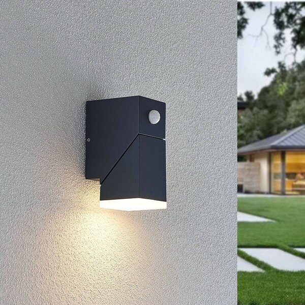 Lindby LED nástěnné svítidlo Sally, 15 cm, antracit, IP54, senzor, Černá, Hliník, Moderní, Nástěnné svítidlo