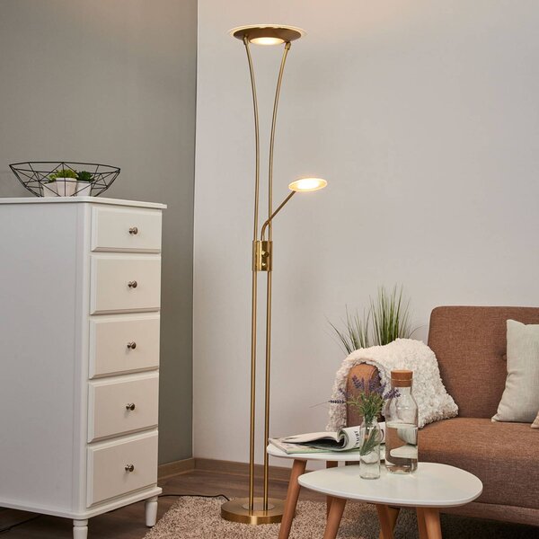 Lindby LED stojací lampa Eda, výška 180 cm, mosaz, stmívatelné, stmívatelný, Mosaz / zlato, Obývací pokoj / jídelna, kov, Moderní, Lampička na čtení