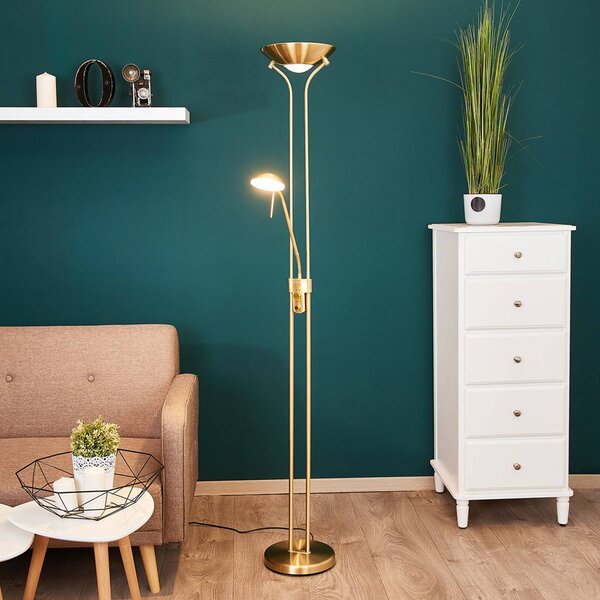 Lindby LED stojací lampa Josefin, mosaz, světlo na čtení, stmívatelné, stmívatelný, Mosaz / zlato, Obývací pokoj / jídelna, kov, Moderní, Lampička na čtení
