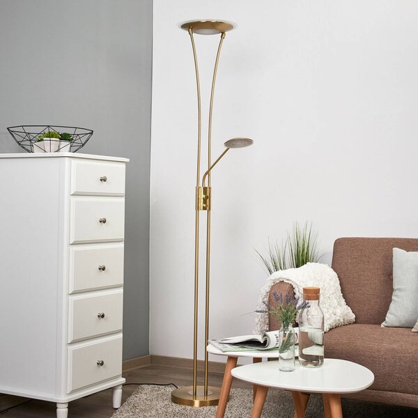 Lindby LED stojací lampa Eda, výška 180 cm, mosaz, stmívatelné, stmívatelný, Mosaz / zlato, Obývací pokoj / jídelna, kov, Moderní, Lampička na čtení
