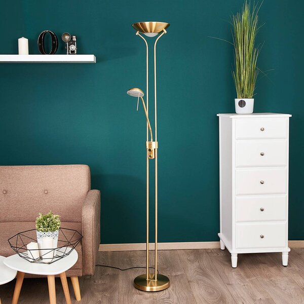 Lindby LED stojací lampa Josefin, mosaz, světlo na čtení, stmívatelné, stmívatelný, Mosaz / zlato, Obývací pokoj / jídelna, kov, Moderní, Lampička na čtení
