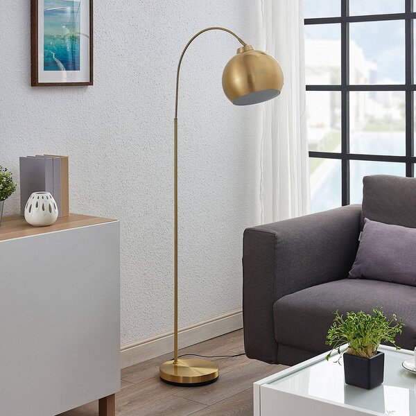 Oblouková stojací lampa Lindby Moisia, mosazná barva, kov, 148 cm
