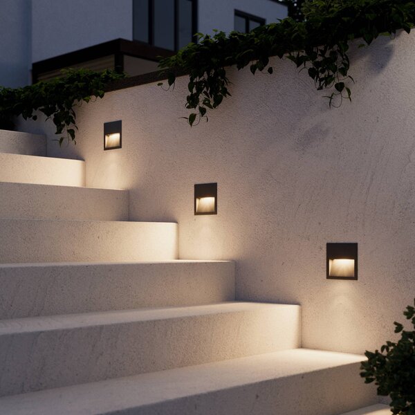 Lucande Vestavné nástěnné svítidlo LED Loya, 11,5x11,5 cm, šedé, IP54, Černá, Hliník, Moderní, Zapuštěné hranaté