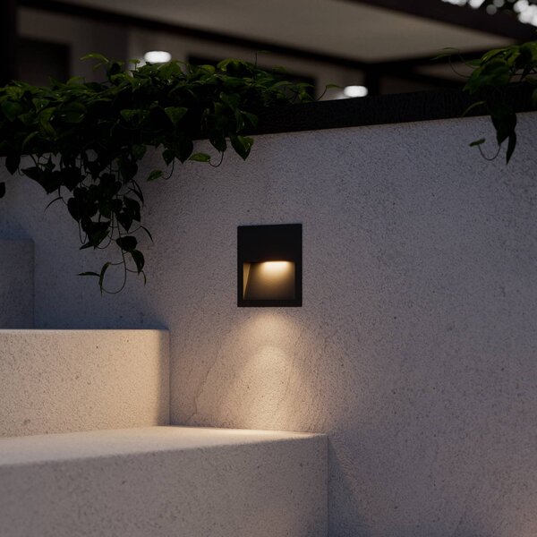 Lucande Vestavné nástěnné svítidlo LED Loya, 11,5x11,5 cm, šedé, IP54, Černá, Hliník, Moderní, Zapuštěné hranaté