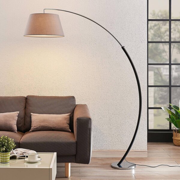 Lucande Stojací lampa Evelyna, šedá/černá, kov, 192 cm, Hliník / šedá / zinek, Ložnice, Textil / tkanina / hedvábí, Moderní