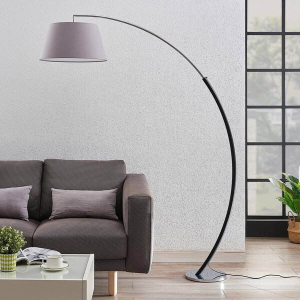 Lucande Stojací lampa Evelyna, šedá/černá, kov, 192 cm, Hliník / šedá / zinek, Ložnice, Textil / tkanina / hedvábí, Moderní