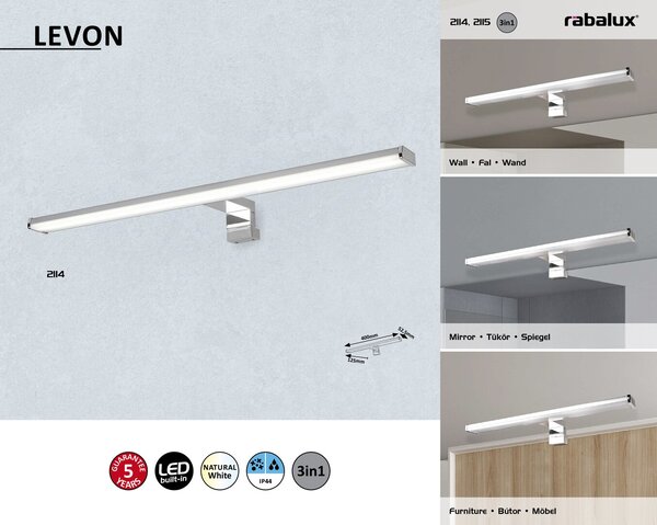 Rabalux 2114 Levon LED Vnitřní osvětlení | Přírodní bílá | 8W | Bílá | Chrom | Kov - r-2114