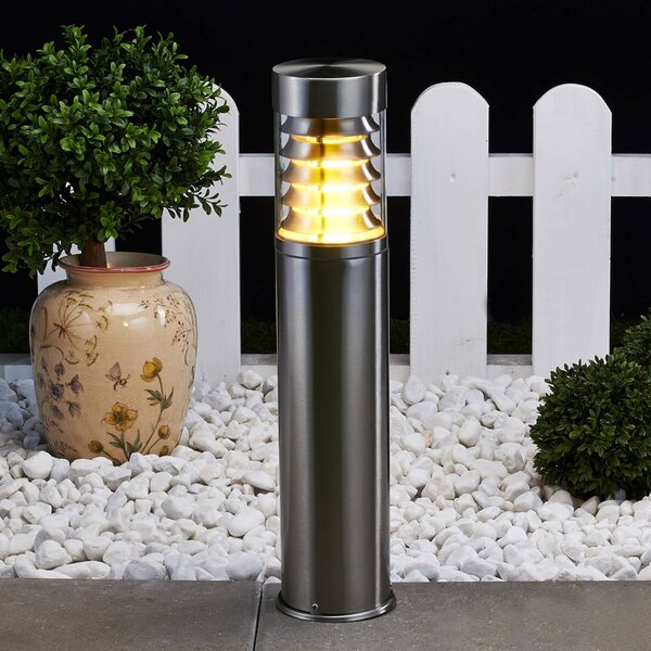 Lindby stojací lampa Enja, 50 cm, nerezová ocel, IP44, E27, stmívatelný, Hliník / šedá / zinek, Nerezová ocel, Moderní