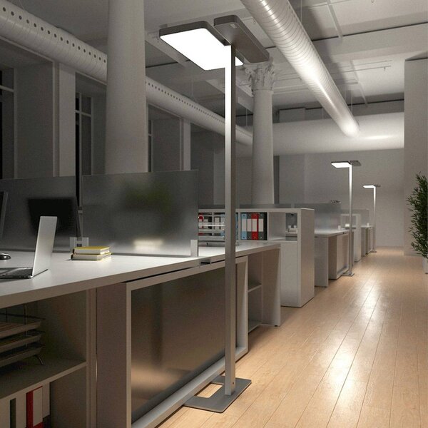 Arcchio Kancelářská stojací lampa LED Aila, stříbrná, senzor denního světla, stmívatelný, Hliník / šedá / zinek, Pracovna / kancelář, Hliník, Moderní