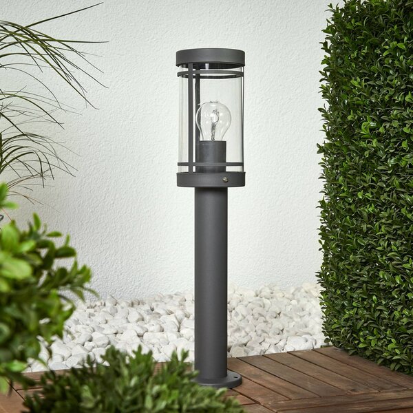 Lindby stojací lampa Djori, 50 cm, antracitová, nerezová ocel, E27, Hliník / šedá / zinek, Nerezová ocel, Moderní
