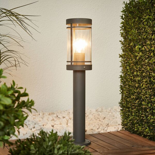 Lindby stojací lampa Djori, 50 cm, antracitová, nerezová ocel, E27, Hliník / šedá / zinek, Nerezová ocel, Moderní