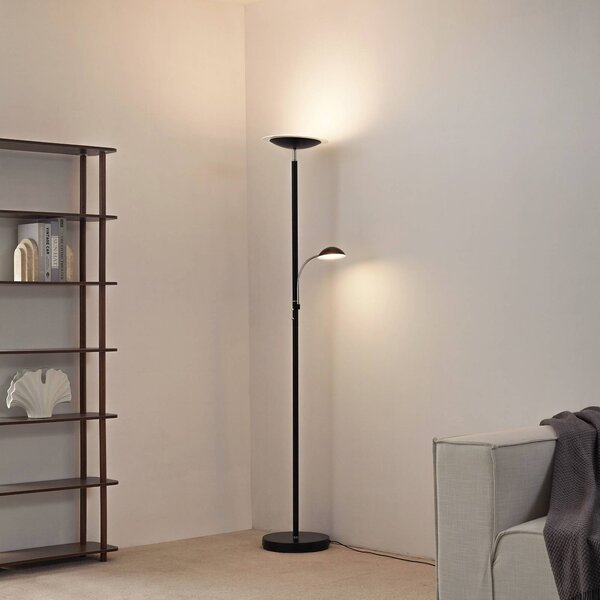 Lindby LED stojací lampa Malea, černá, na čtení, stmívatelné, stmívatelný, Černá, Obývací pokoj / jídelna, kov, Moderní, Lampička na čtení