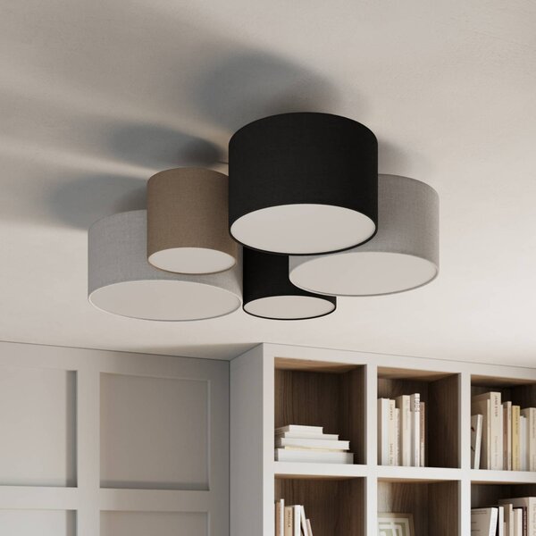 Trio Lighting Hotelové stropní světlo s pěti test.stínidly, stmívatelný, Obývací pokoj / jídelna, Textil / tkanina / hedvábí, Moderní