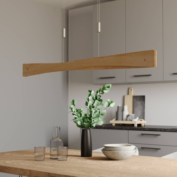 Quitani LED závěsné svítidlo Lian, dubové dřevo, stmívatelný, Světlé dřevo, Obývací pokoj / jídelna, Dřevo, Design