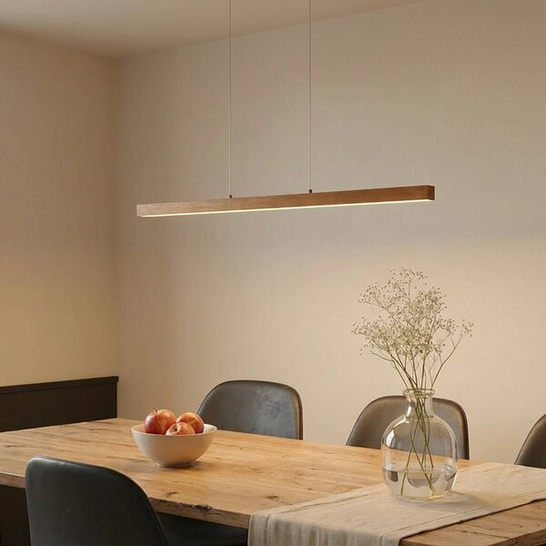 Lucande LED závěsné světlo Nihalo, dřevo, 122 cm, stmívatelné,, stmívatelný, Světlé dřevo, Obývací pokoj / jídelna, Dřevo, Moderní