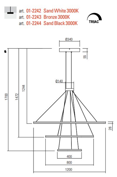 Redo Závěsné LED svítidlo ORBIT ø120/ø80/ø40 cm, 3000K, 3 kruhy Barva: Bílá, Stmívání, řízení: TRIAC