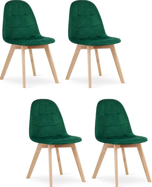 Židle SORANO, tmavě zelená, čalouněná velurem, dřevěné nohy, do obývacího pokoje, jídelny, ložnice, sada 4 kusů, rozměry 45x82x54 cm, nosnost 110 kg