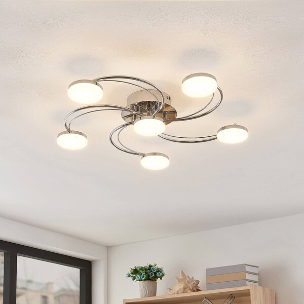 Lindby LED stropní svítidlo Rouven, spirálovitý tvar, 6 světel, šedá barva, Chrom / stříbro, Obývací pokoj / jídelna, kov, Moderní