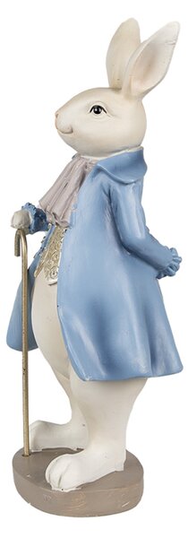 Modro-béžová velikonoční figurka zajíček s hůlkou ve fráčku – 12x9x26 cm