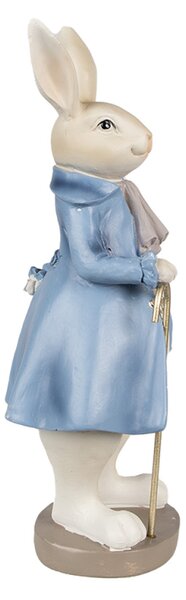 Modro-béžová velikonoční figurka zajíček s hůlkou ve fráčku – 12x9x26 cm