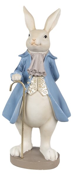 Modro-béžová velikonoční figurka zajíček s hůlkou ve fráčku – 12x9x26 cm