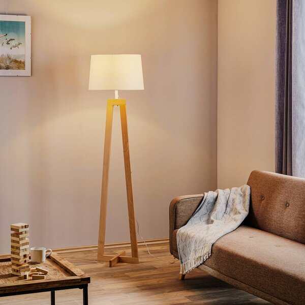Aluminor Stojací lampa Sacha LS ze dřeva a textilu, bílá, Světlé dřevo, Obývací pokoj / jídelna, Dřevo, Skandinávský