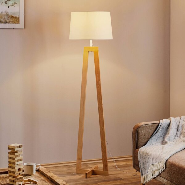 Aluminor Stojací lampa Sacha LS ze dřeva a textilu, bílá, Světlé dřevo, Obývací pokoj / jídelna, Dřevo, Skandinávský