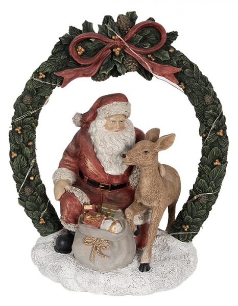 Červeno-zelená vánoční dekorace s LED světlem figurka Santa Claus se srnkou – 23 cm