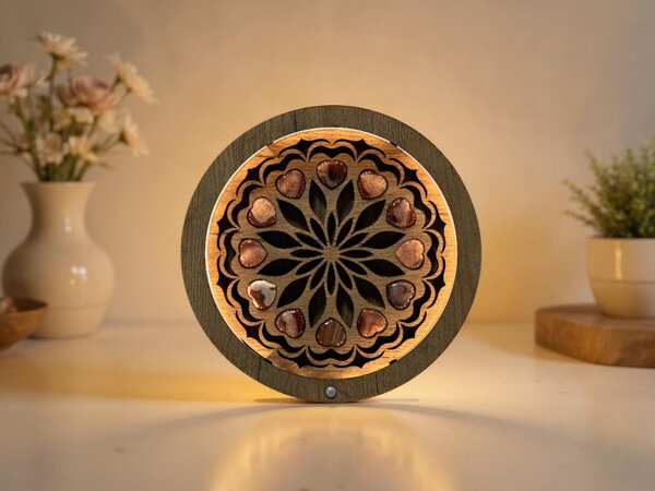"Dvanáct achátových srdcí" dřevěná lampa/obraz s baterií a pohybovým čidlem/31 cm dub