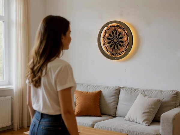 "Dvanáct achátových srdcí" dřevěná lampa/obraz s baterií a pohybovým čidlem/31 cm dub
