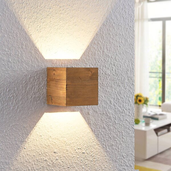 Lindby Nástěnné LED svítidlo Benicio, 11 cm, hranaté, dřevo, Světlé dřevo, Obývací pokoj / jídelna, Dřevo, Skandinávský
