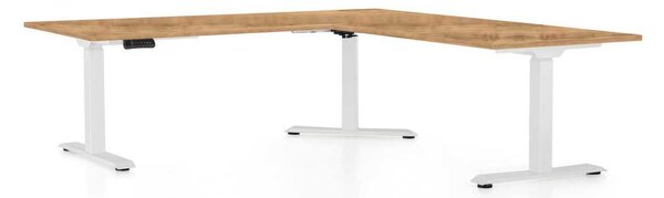 Výškově nastavitelný stůl OfficeTech Angle, 180 x 200 cm, bílá podnož, dub zlatý