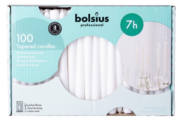Bolsius Kónické bílé svíčky RAL 100ks