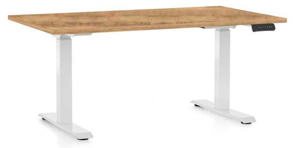 Výškově nastavitelný stůl OfficeTech D, 140 x 80 cm, bílá podnož, dub zlatý