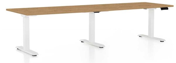 Výškově nastavitelný stůl OfficeTech Long, 260 x 80 cm, bílá podnož, dub kamenný