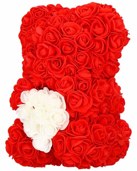 Medvídek z růží 30 cm, červený s bílým srdcem SPRINGOS ROSE BEAR