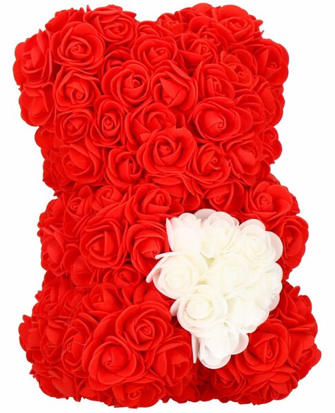 Medvídek z růží 30 cm, červený s bílým srdcem SPRINGOS ROSE BEAR