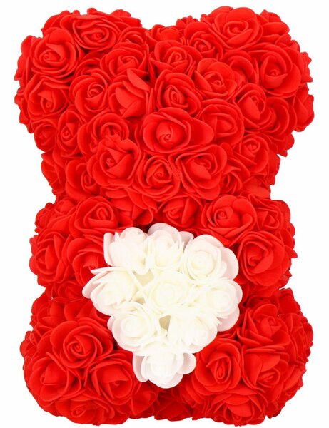 Medvídek z růží 30 cm, červený s bílým srdcem SPRINGOS ROSE BEAR