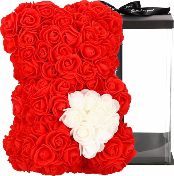 Medvídek z růží 30 cm, červený s bílým srdcem SPRINGOS ROSE BEAR