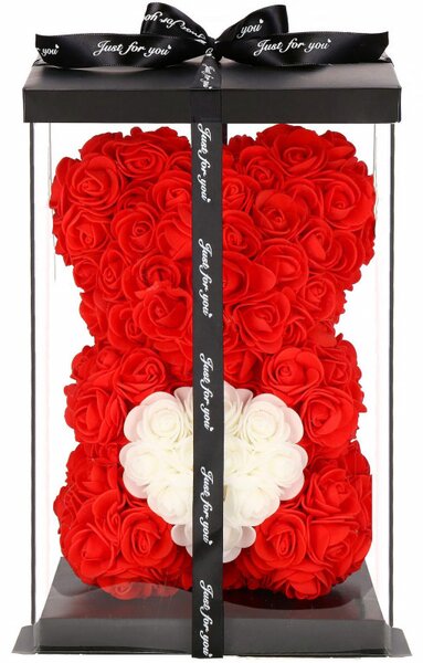Medvídek z růží 30 cm, červený s bílým srdcem SPRINGOS ROSE BEAR