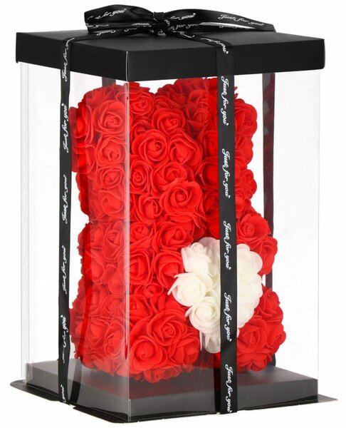 Medvídek z růží 30 cm, červený s bílým srdcem SPRINGOS ROSE BEAR