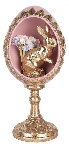 Zlato-růžová dekorace králík ve vajíčku na podstavci - 11*10*21 cm - Clayre & Eef
